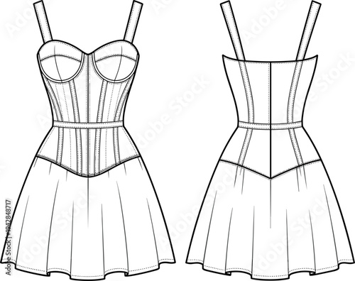 Technical fashion flat sketch of women sleeveless corset dress with sweetheart neckline paneled bodice and flared skirt front and back