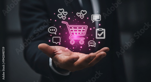 Businessman holding glowing shopping cart icon with social media and chat symbols