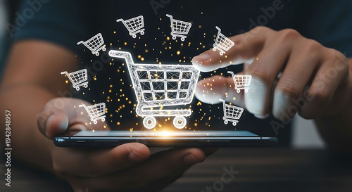 Person holding smartphone with digital shopping cart icons for e commerce concept