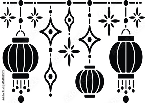 Traditional, hanging, Chinese, lanterns, with, sparkling, stars, vector, illustration, for, Mid-Autumn, Festival, and, Lunar, New, Year