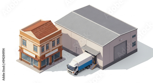Isometric Illustration of a Commercial Building and Warehouse with Delivery Truck.