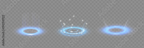 Circular portals, teleport, hologram gadget. Futuristic teleport. Projector HUD or podium for magic circle teleportation. Set of circle holograms.Empty podium light effect.
