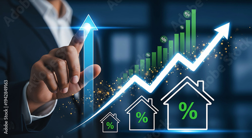 Businessman pointing at rising mortgage interest rates and house market growth graph
