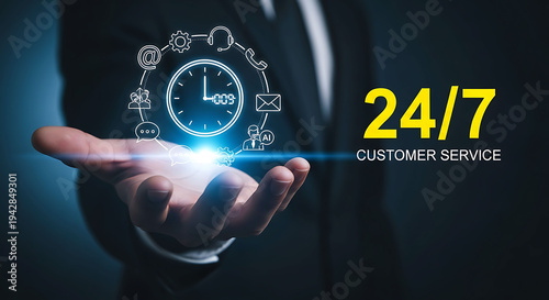 Businessman hand showing 24 7 customer service clock icon with AI assistance