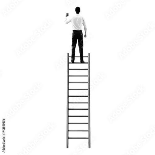 Black and white halftone illustration of a man standing on top of a tall ladder. Business growth, ambition and success concept isolated on white background in vintage engraving style.