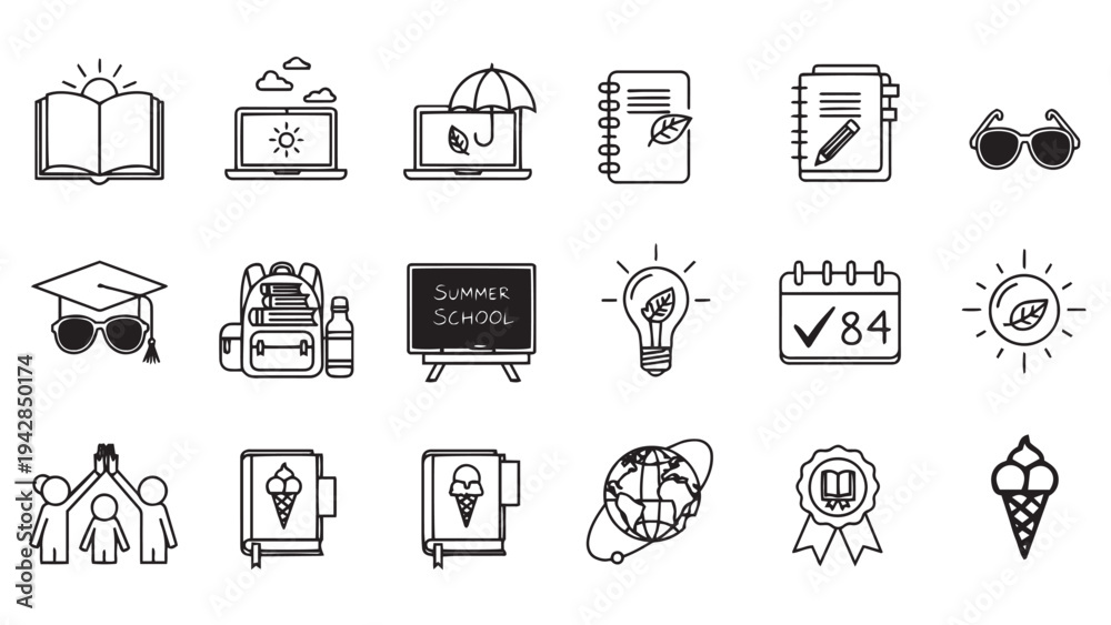 Fototapeta premium Summer School Seasonal Education and Kids Learning Activity Icon Set for Academic App UI Web Design