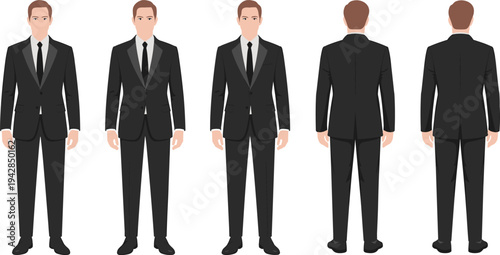 Business man suit angles, black formal attire, professional male character fashion illustration