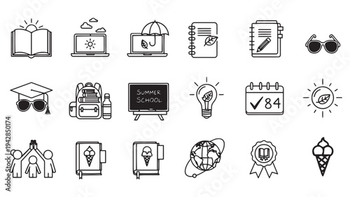 Summer School Seasonal Education and Kids Learning Activity Icon Set for Academic App UI Web Design