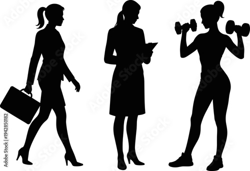 Businesswoman silhouette, clipboard supervisor, fitness trainer with dumbbells, professional lifestyle concept design