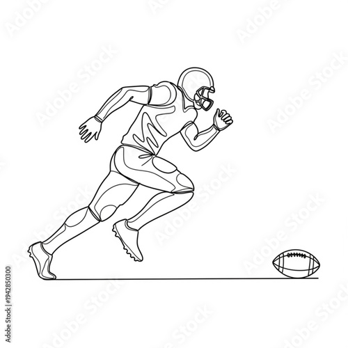 A black and white line art illustration of an American football player running with a football