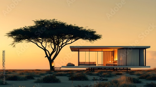 Modern Mobile Tiny House Minimalist White Pod Flat Roof Golden Hour Dusk Black-Framed Glass Warm Interior Glow Tall Dry Savanna Grass Scattered Trees Long Sunset Shadows Clean Geometric Silhouette Pal