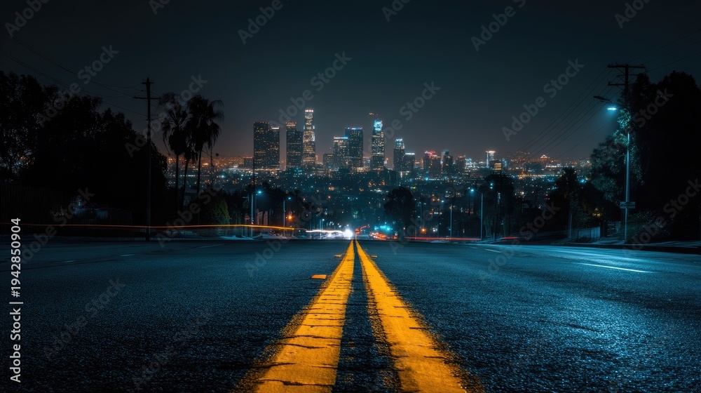 Fototapeta premium Nighttime Cityscape of Los Angeles with a Wide Open Road Leading to a Bright Urban Skyline Dotted with Lights and Palm Trees under a Dark Sky