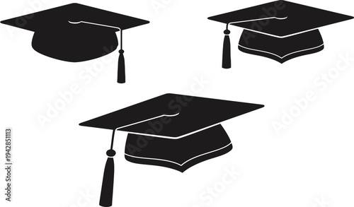 Black graduation cap silhouette icons set with tassels for university commencement student achievement academic success and education mortarboard vector graphic illustrations