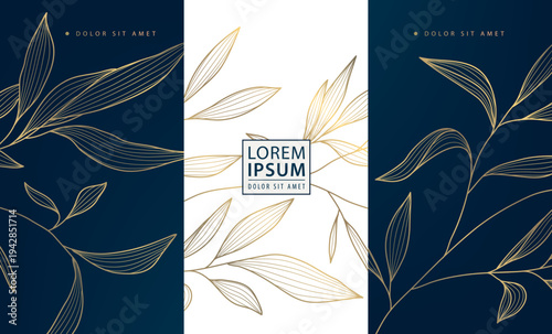 Luxury gold floral pattern, dark background, elegant line flowers and leaves. Premium vector design for wine labels, cosmetic packaging, perfume box, tea or coffee branding, wedding invitation.
