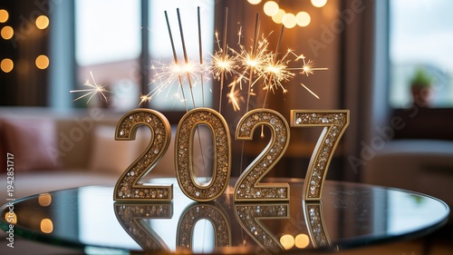 Luxurious Glittering Gold 2027 New Year Number Decor with Sparklers Warm Bokeh Lights for Indoor Home Party Celebration and Festive Greeting Designs