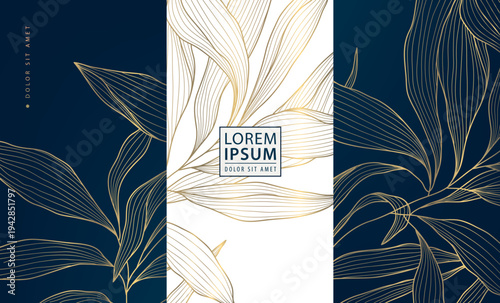 Luxury gold floral pattern, dark background, elegant line flowers and leaves. Premium vector design for wine labels, cosmetic packaging, perfume box, tea or coffee branding, wedding invitation.