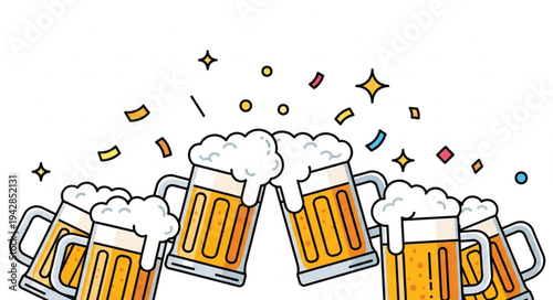 Group of Beer Mugs Toasting with Foamy Beer and Confetti.