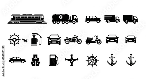 Set of various transportation vehicles and travel related icons.