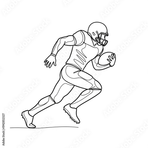 A black and white line art illustration of an American football player running with the ball