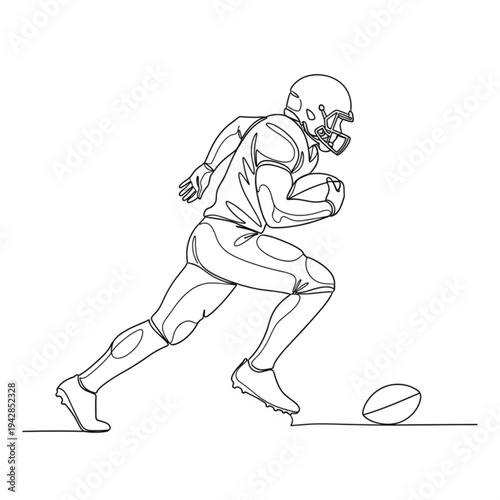 A minimalist line art illustration of an American football player running with the ball