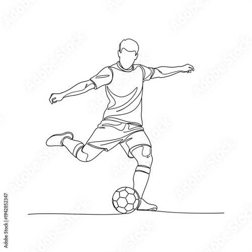 A soccer player kicking a ball in a dynamic pose, captured in a simple line art style