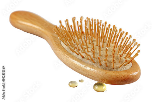 Haircare wooden brush with nourishing oil for smooth strands isolated on transparent background