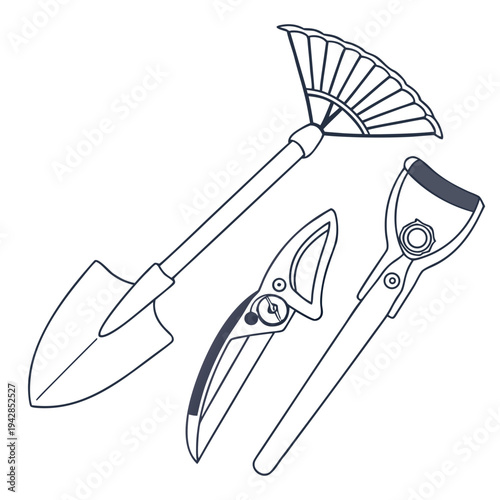 Gardening tools: shovel, pruners, and rake, illustration
