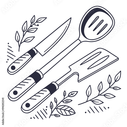 Kitchen utensils and twigs - hand drawn illustration