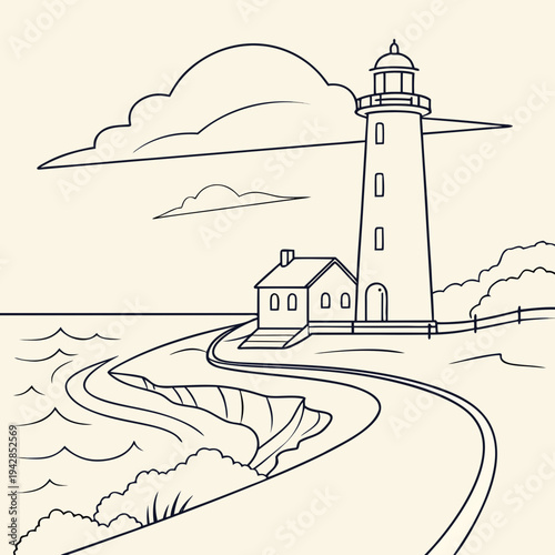Lighthouse by the sea with winding path - outline illustration