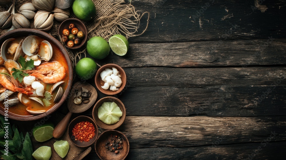 Fototapeta premium Delicious seafood dish with shrimp and clams, vibrant ingredients in bowls, fresh herbs, spices, and limes on rustic wooden table background