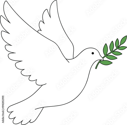 White dove carrying green olive branch - peace sym