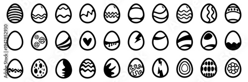 Easter egg silhouette sticker set with various patterns. Collection of 30 black and white minimalist eggs icons for holiday decor, spring crafts and DIY coloring isolated on white background vector