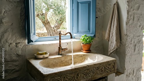 Rustic Mediterranean bathroom with ancient carved stone sink, vintage brass faucet, olive soap and potted basil plant. Blue shuttered window with olive tree view.
