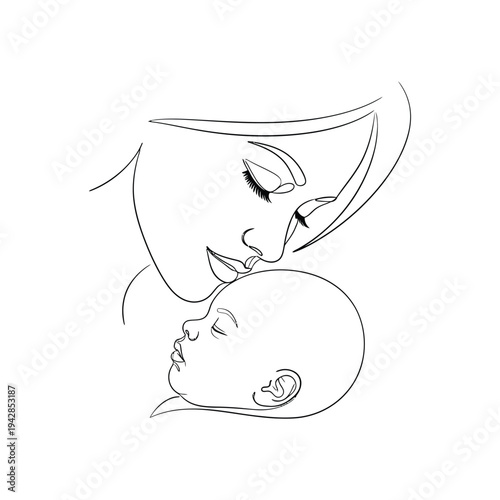 A minimalist line drawing depicts a mother and baby in a tender intimate embrace high quality