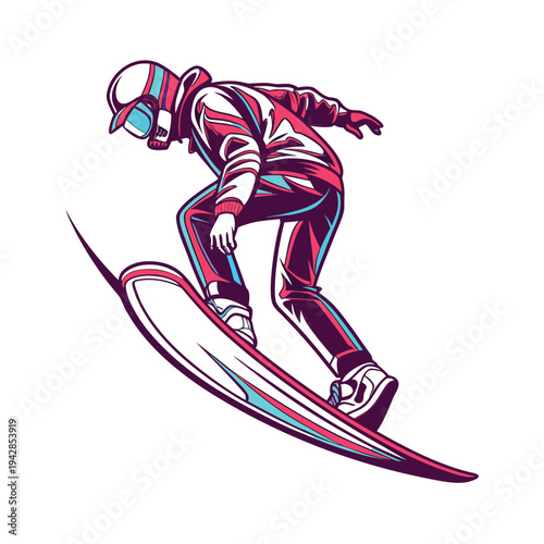 Vector illustration of snowboarder in action, colorful, dynamic