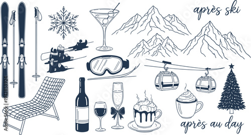 Set of après ski lifestyle icons with cad drawing flat vector illustration, featuring mountains, skis, gondolas, hot cocoa, and champagne.