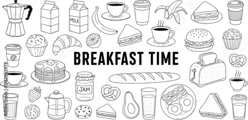 Set of breakfast time food icons with cad drawing flat vector illustration, featuring coffee, pancakes, eggs, bacon, and bakery items.