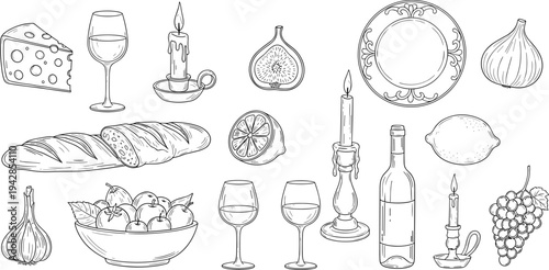 Set of dinner food and wine line art icons with cad drawing flat vector illustration, featuring cheese, bread, and fruit.