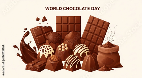 Delicious assorted chocolates and chocolate bars on world chocolate day celebration with brown treats and cocoa beans on beige background