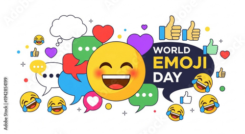 World emoji day celebration with colorful emoticons and social media symbols