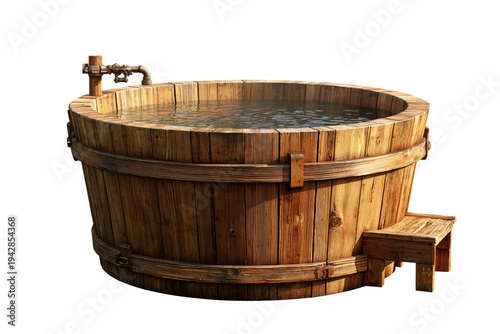 Outdoor wooden hot tub with steaming water for relaxation isolated on transparent background