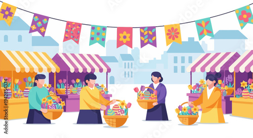 Easter Spring Market with People Buying Flowers and Decorated Eggs Flat Vector Illustration