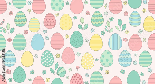 Pastel Easter egg seamless pattern with flowers leaves and decorative spring ornaments background