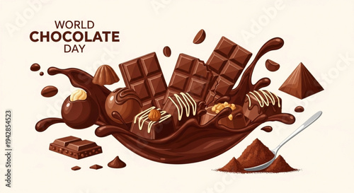 World chocolate day celebration with melting chocolate bars and truffles