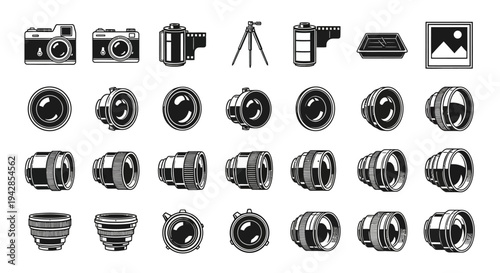 Collection of Photography Camera Lens Icons in Various Styles on an Isolated White Background
