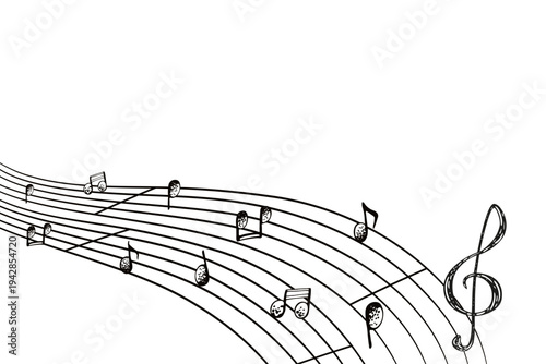 Rectangular poster template for a music award. Black and white vector illustration of musical notes, drawn in ink.