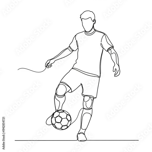 A minimalist line art illustration of a soccer player in action, skillfully controlling the ball with one foot while juggling with the other.