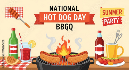 National hot dog day bbq summer party with grilled hot dogs and drinks on a table