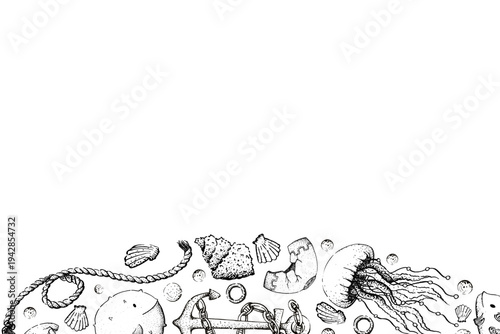 A rectangular frame graphic template. A black and white illustration of marine life and a ship's anchor from the seabed. This EPS drawing is done in a childish ink style for cards, menus.