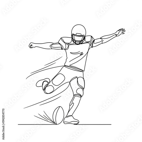 A black and white line art illustration of an American football player kicking a ball
